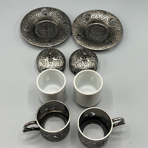 2 Coffee Cup Saucer Sets Silver Color Porcelain Insert Mug Ottoman Turkish - Picture 4 of 12